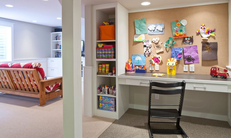 cork board with a wall-mounted desk