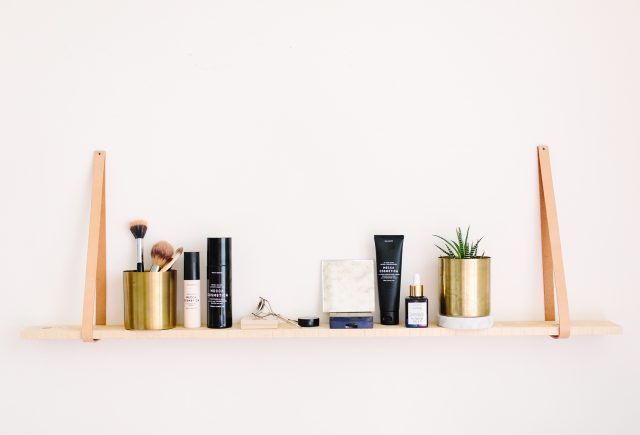 Wood and leather hanging shelf