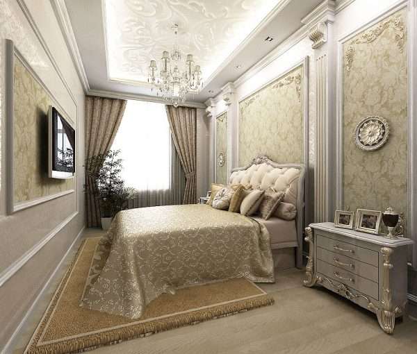 Дизайн спальни в классическом стиле: вариант использования молдингов