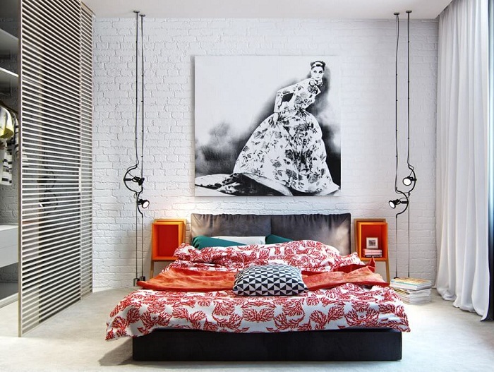 Белая кирпичная стена в интерьере спальни, фото 38