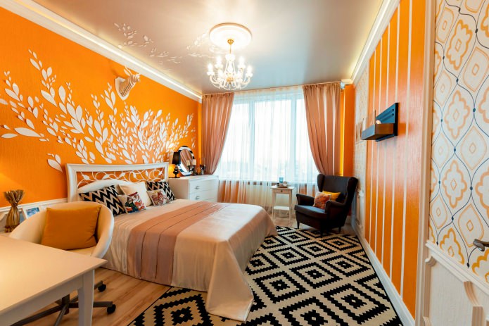 оранжевые стены в спальне