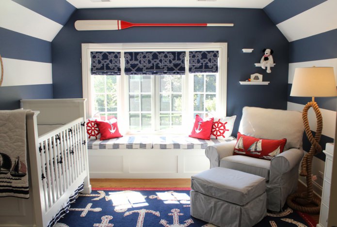 синие римские шторы в морском стиле для детской комнаты