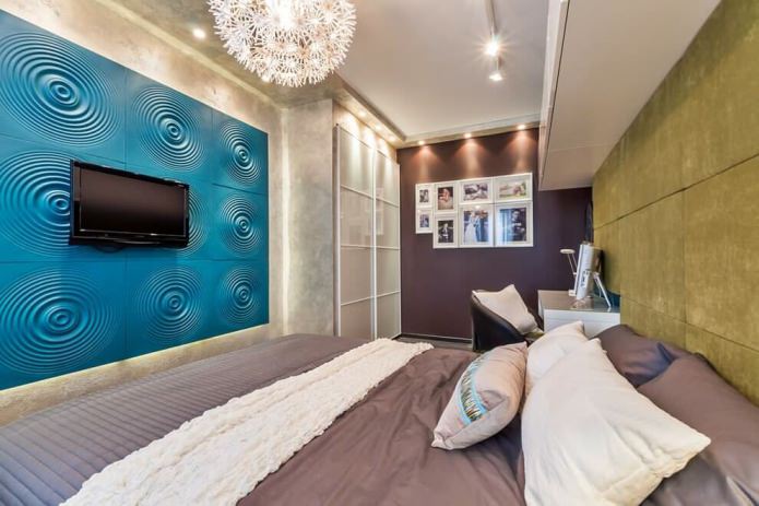 голубые 3Д-панели на стене в спальне