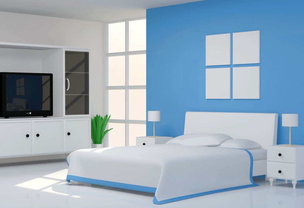 оформление стен в спальне синий цвет