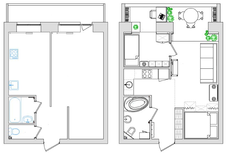 План однушки площадью 55 кв м до и после переделки в двушку