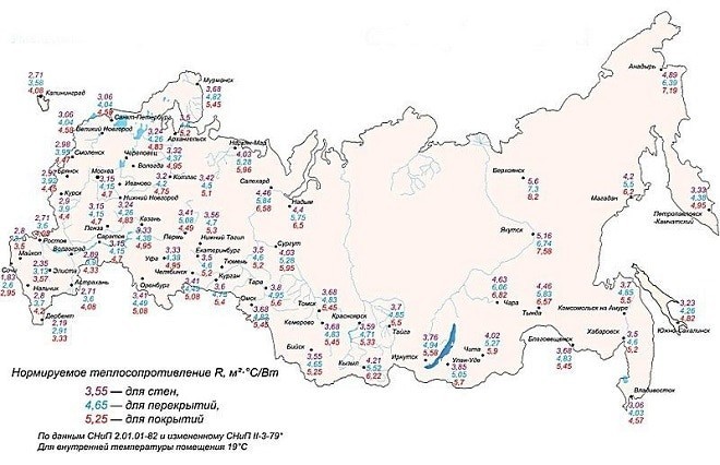 Карта-схема для определения нормированного значения сопротивления теплопередаче 