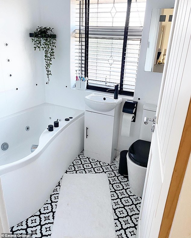 The savvy homeowner used Frenchic paint and accessories from eBay, Dunelm and Amazon to give her bathroom a luxurious monochrome look. Pictured, the bathroom after the transformation