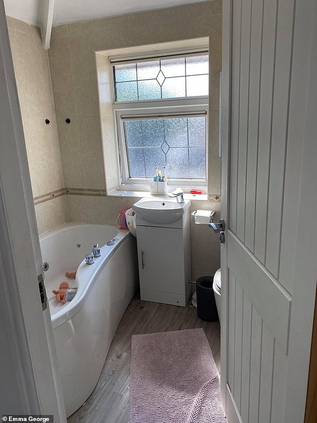 Emma wiped all the tiles down then used a foam roller to apply the paint onto the tiles in thin coats. Pictured, the bathroom before the transformation