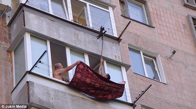 Nine lives and counting: The cat was found clinging onto a clothes line outside an apartment window