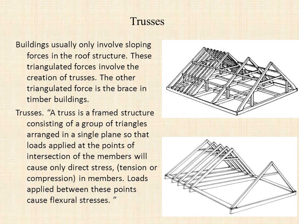 Trusses Buildings usually only involve sloping forces in the roof structure.