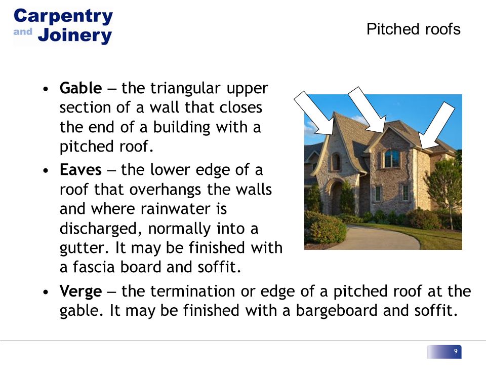 Pitched roofs Gable – the triangular upper section of a wall that closes the end of a building with a pitched roof.