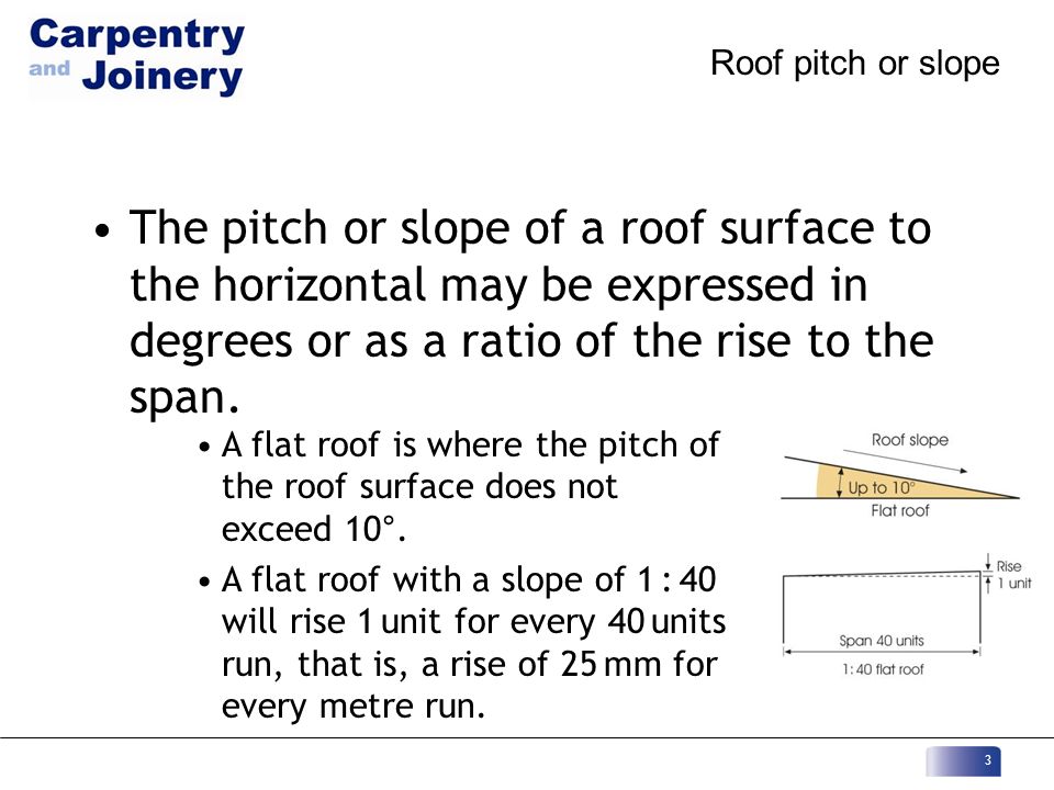 Roof pitch or slope The pitch or slope of a roof surface to the horizontal may be expressed in degrees or as a ratio of the rise to the span.