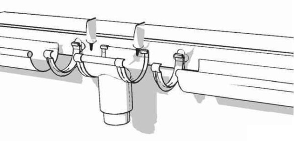 Соединение водосточных желобов с воронкой. Желоб укладывается на кронштейны, примыкающие к воронке с учетом линейного расширения пластика