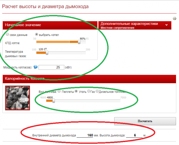 Расчёт высоты дымохода на сайте http://defro.pro/