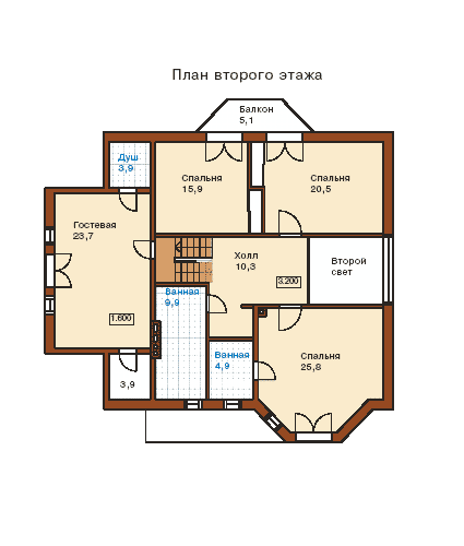 план 2-го этажа двухэтажного дома с двускатной крышей