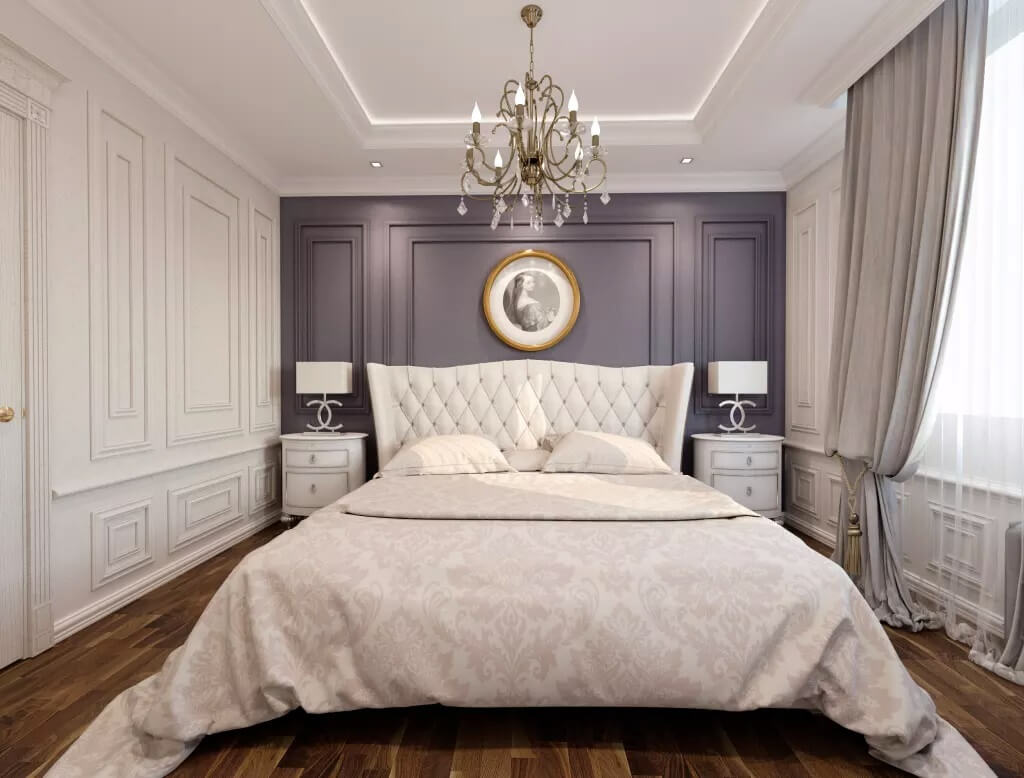 Серый цвет в интерьере неоклассической спальни