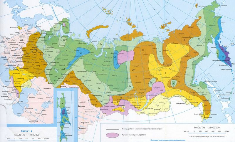 Карта-схема распределения территории России по зонам в зависимости от уровня снеговой нагрузки
