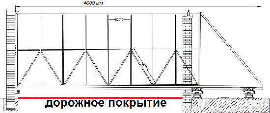 Предлагаемый на откатные ворота чертеж, где укрепляющие раскосы крепятся на раме и на опорной сетке для обшивки